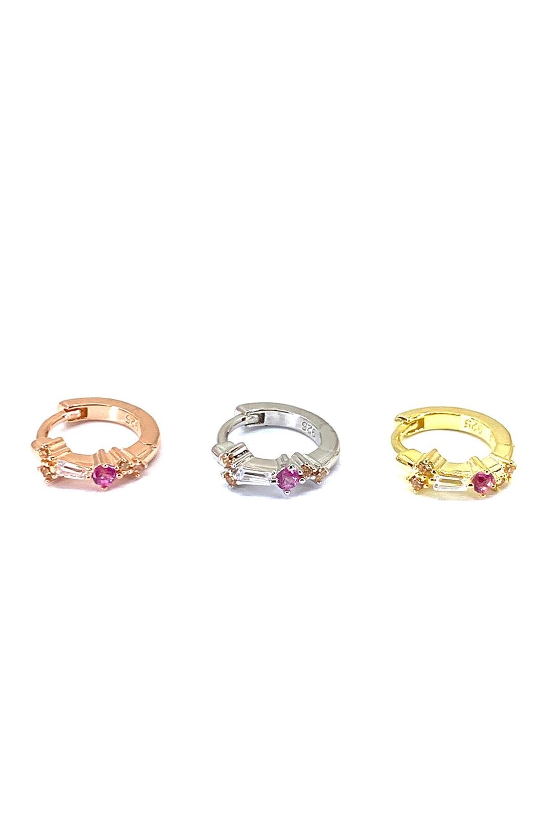 Sarı Ve Ruby Mix Taşlı Ve Baget Gümüş Halka Küpe