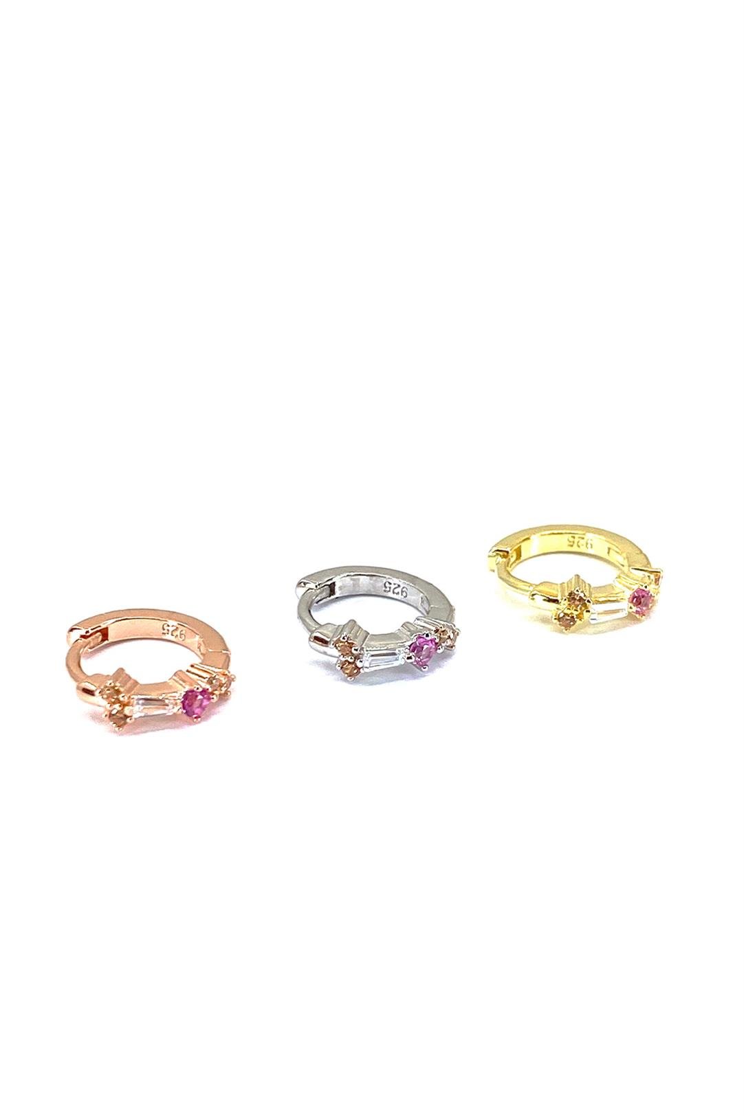 Sarı Ve Ruby Mix Taşlı Ve Baget Gümüş Halka Küpe