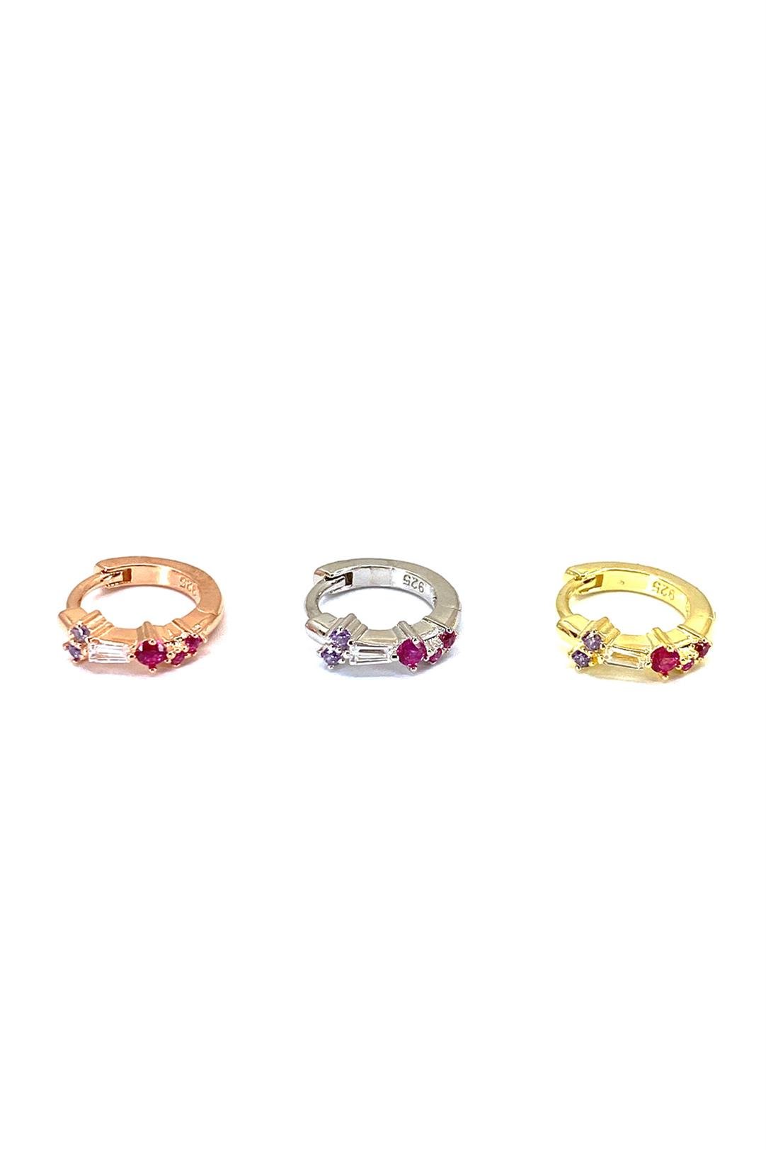 Ruby Ve Lila Mix Taşlı Ve Baget Gümüş Halka Küpe