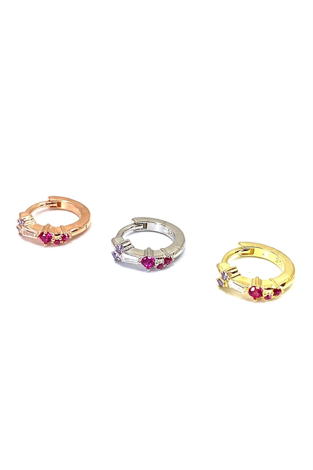 Ruby Ve Lila Mix Taşlı Ve Baget Gümüş Halka Küpe
