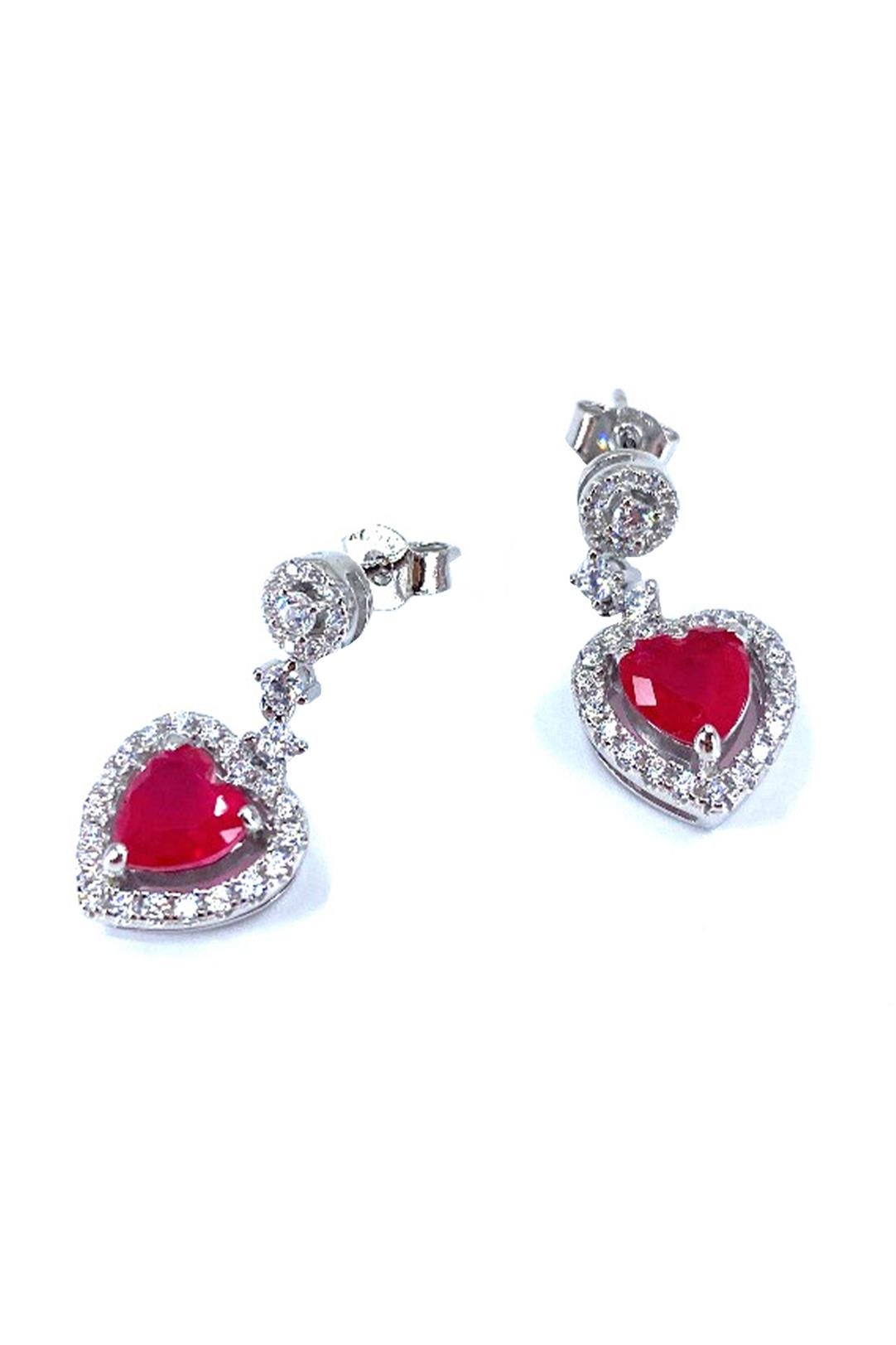 Tektaş Ve Ruby Kalp Montür Gümüş Çivili Küpe