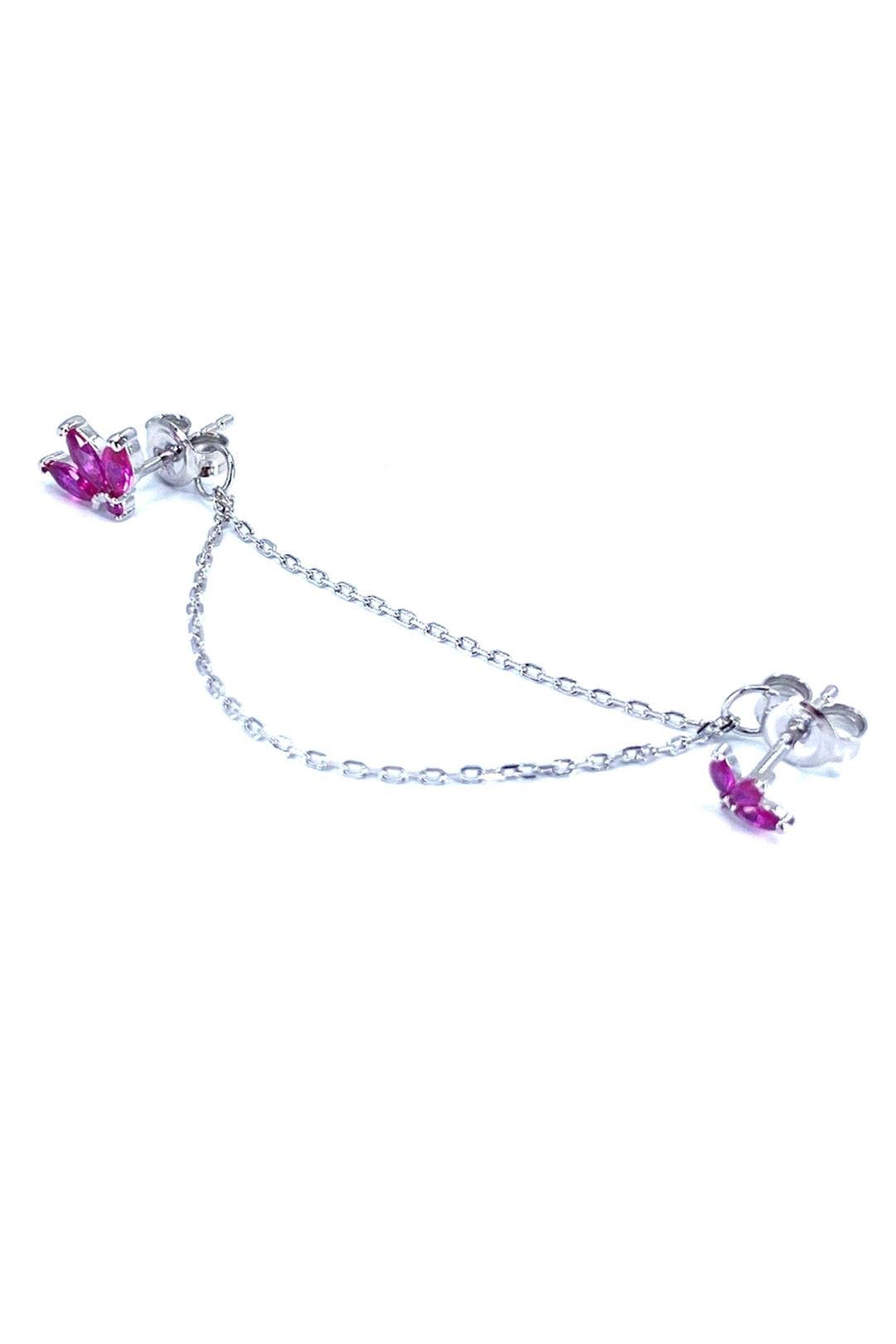 Ruby Lotus Birleşik İkili Gümüş Çivili Küpe