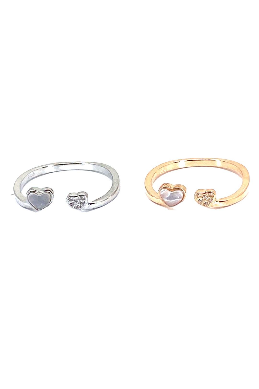 Taşlı Ve Sedef Ayrık Kalp Gümüş Yüzük