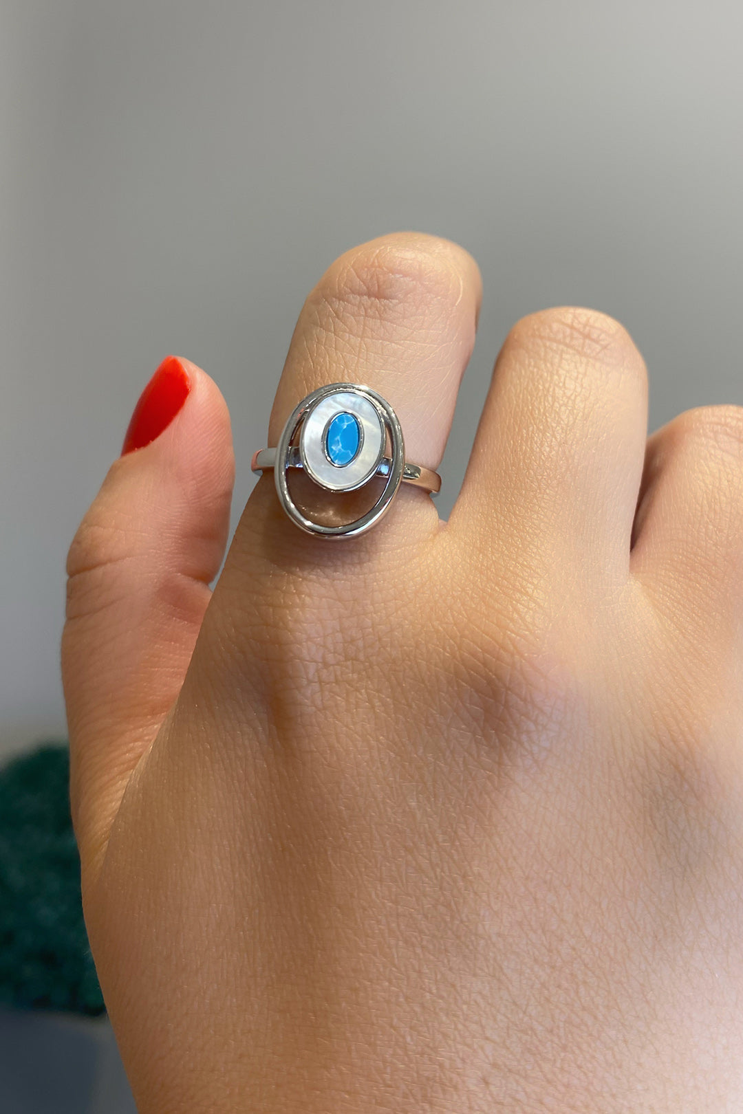 Turkuaz Ve Sedef Üç Sıra Çember Gümüş Yüzük