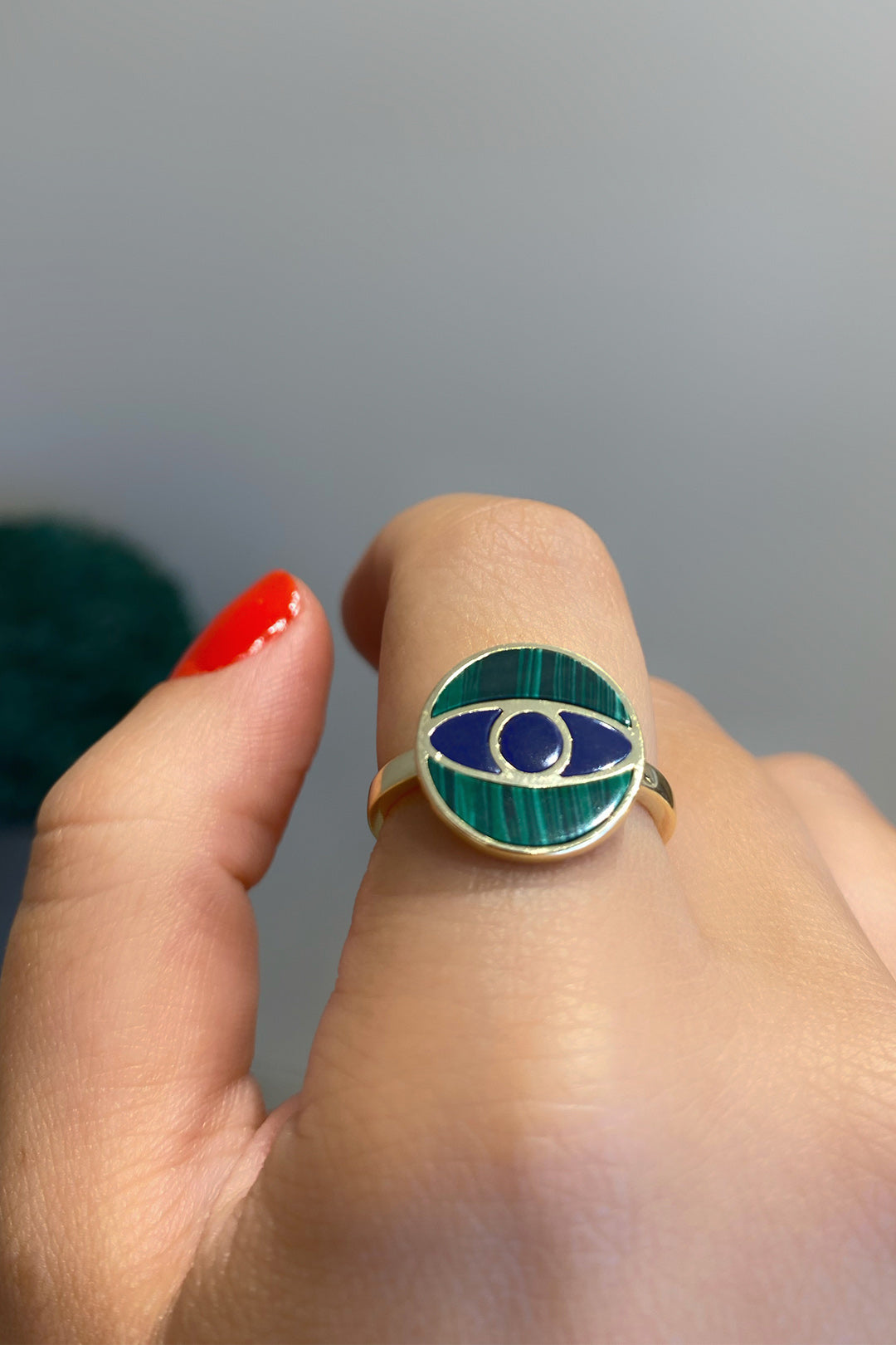 Malahit Ve Lapis Göz Yuvarlak Gümüş Yüzük