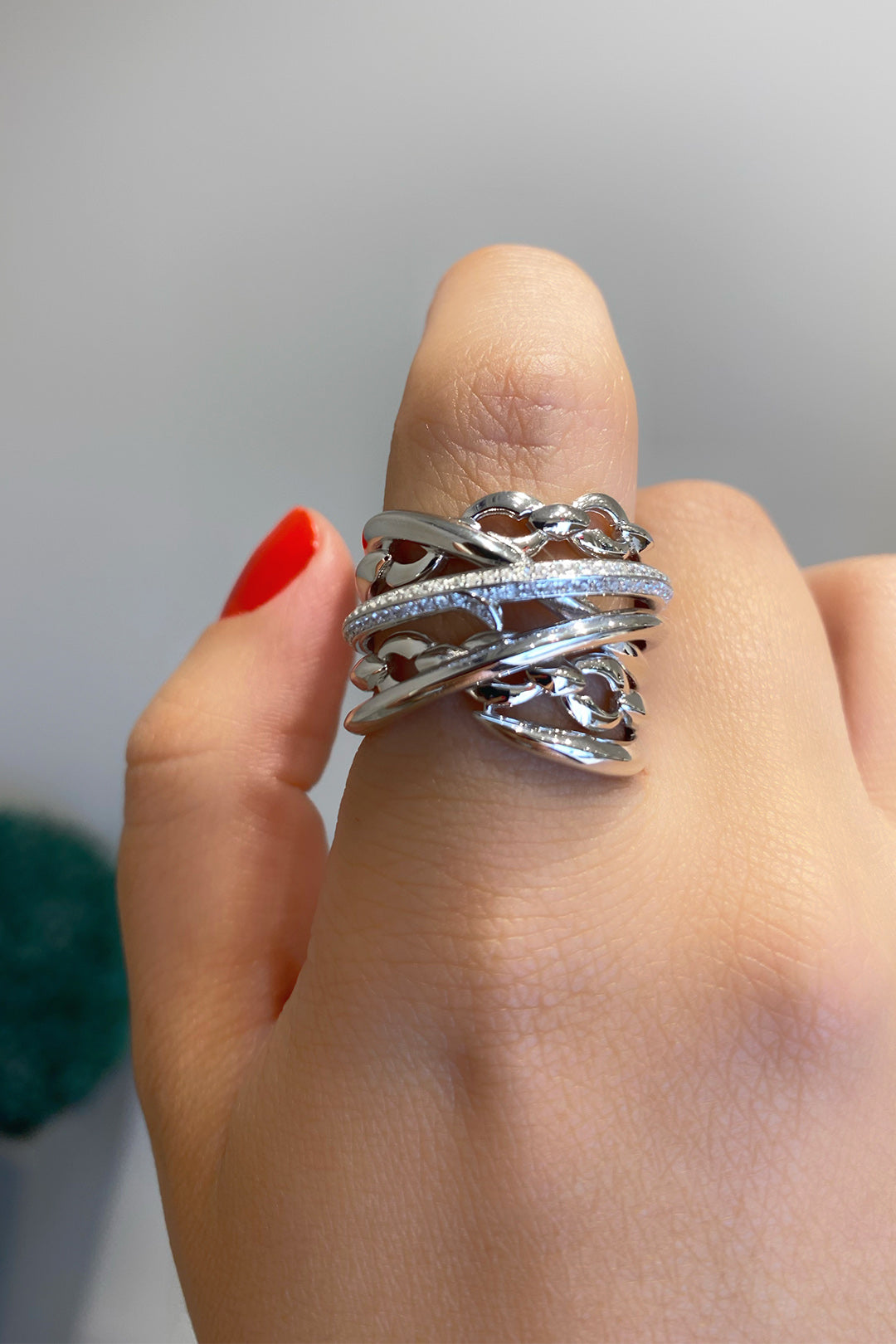 İki Zincir İki Taşsız Ve Bir Taşlı Sıra Kalın Gümüş Yüzük