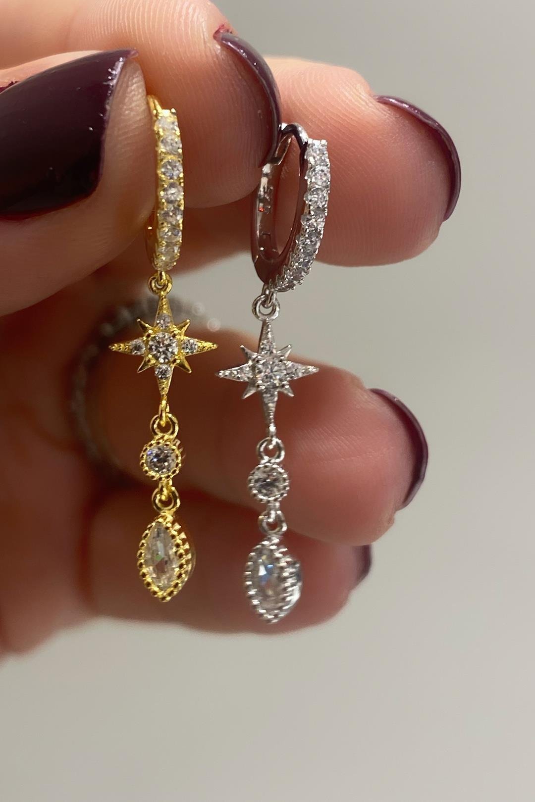 Kutupyıldızı Tektaş Ve Markiz Sallantılı Gümüş Küpe