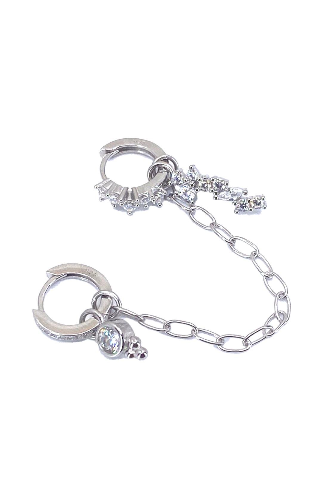 Dağınık Taş Sallantılı Zincir İkili Gümüş Küpe