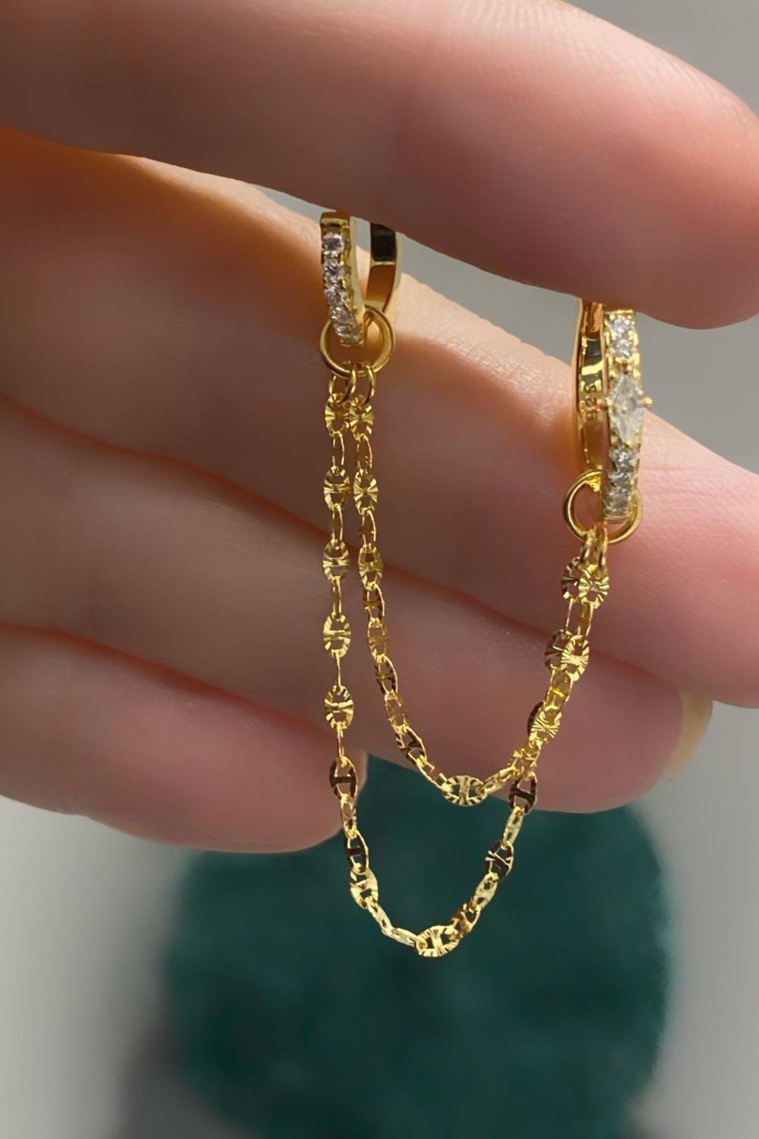 Markiz Detay İkili Gözlük Zincir Gümüş Küpe