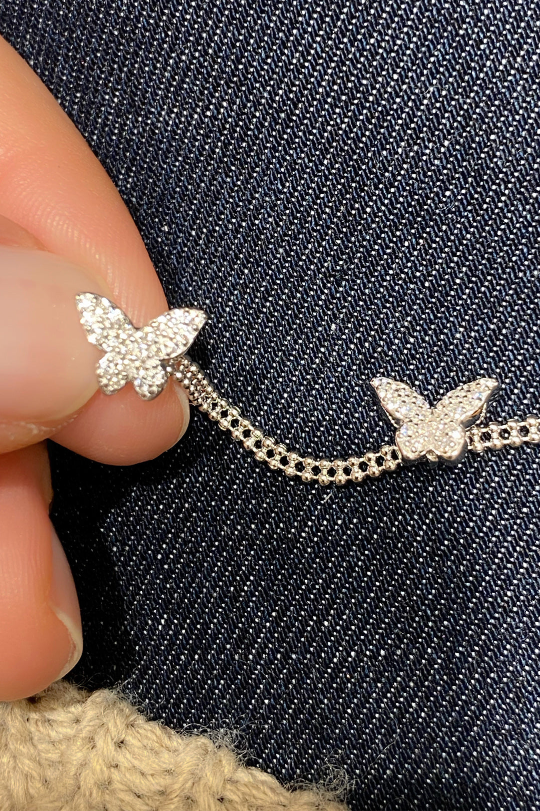 Taşlı Üç Kelebek İki Sıra Top Zincir Gümüş Bileklik