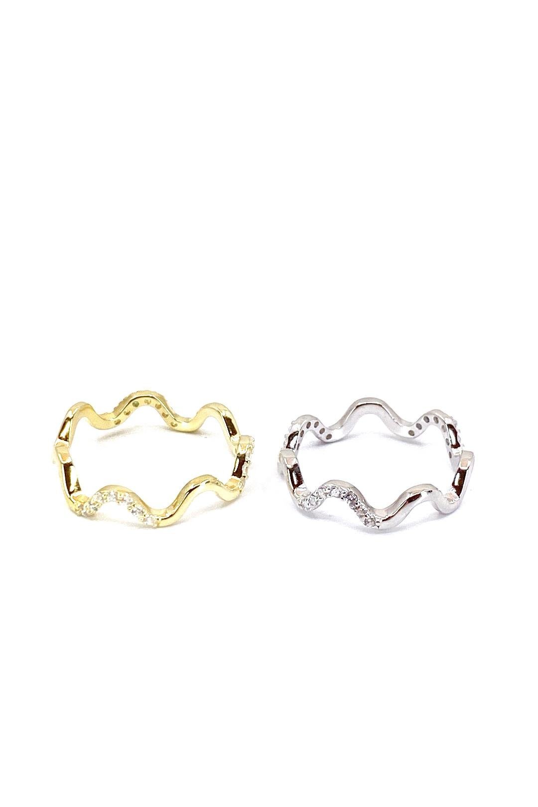 Aralıklı Taşlı İnce Dalga Gümüş Yüzük