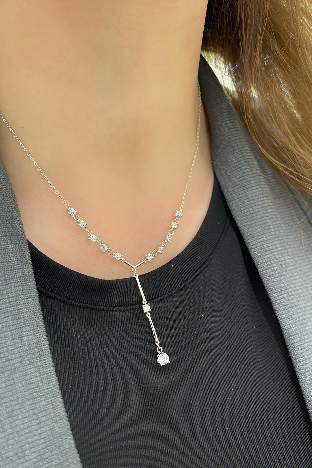 Mix Taş Ve Çubuk Detay Gümüş Y Kolye