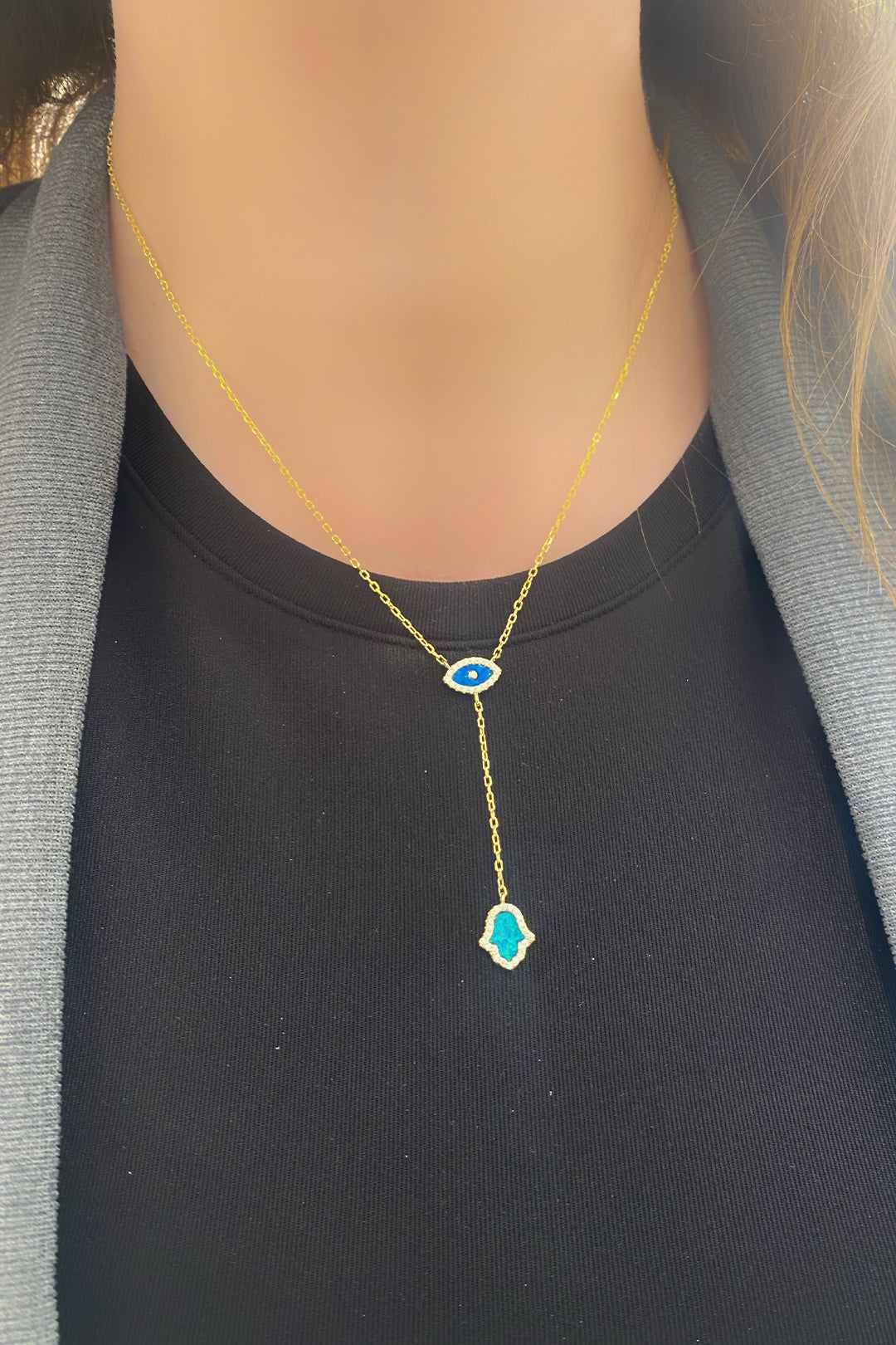 Opal Göz Ve El Gümüş Y Kolye