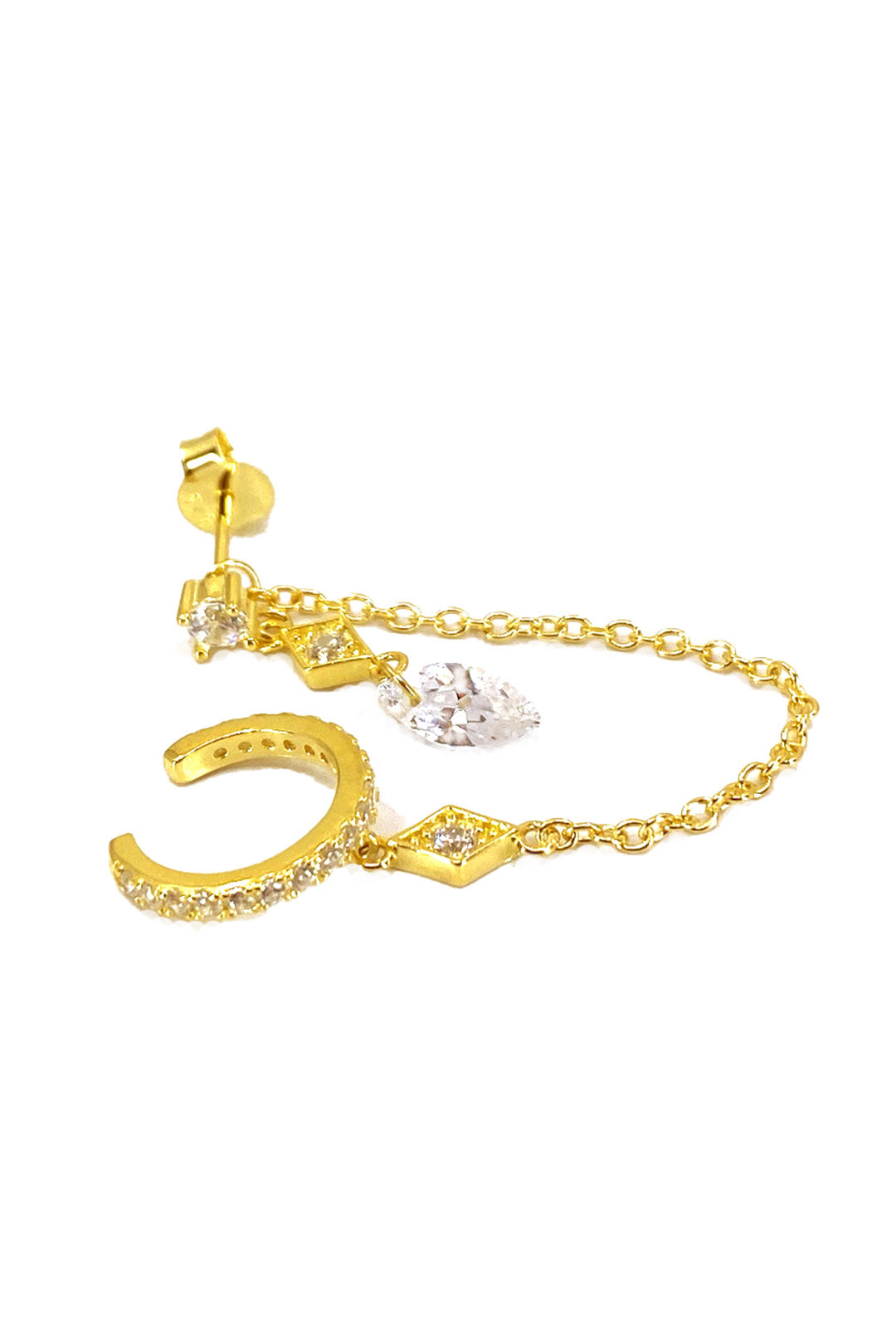 Kristal Ve Karo Sallantılı Gümüş Zincir Kıkırdak Küpe