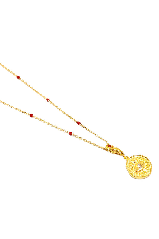 Kırmızı Mineli Göz Detay Gümüş Kolye