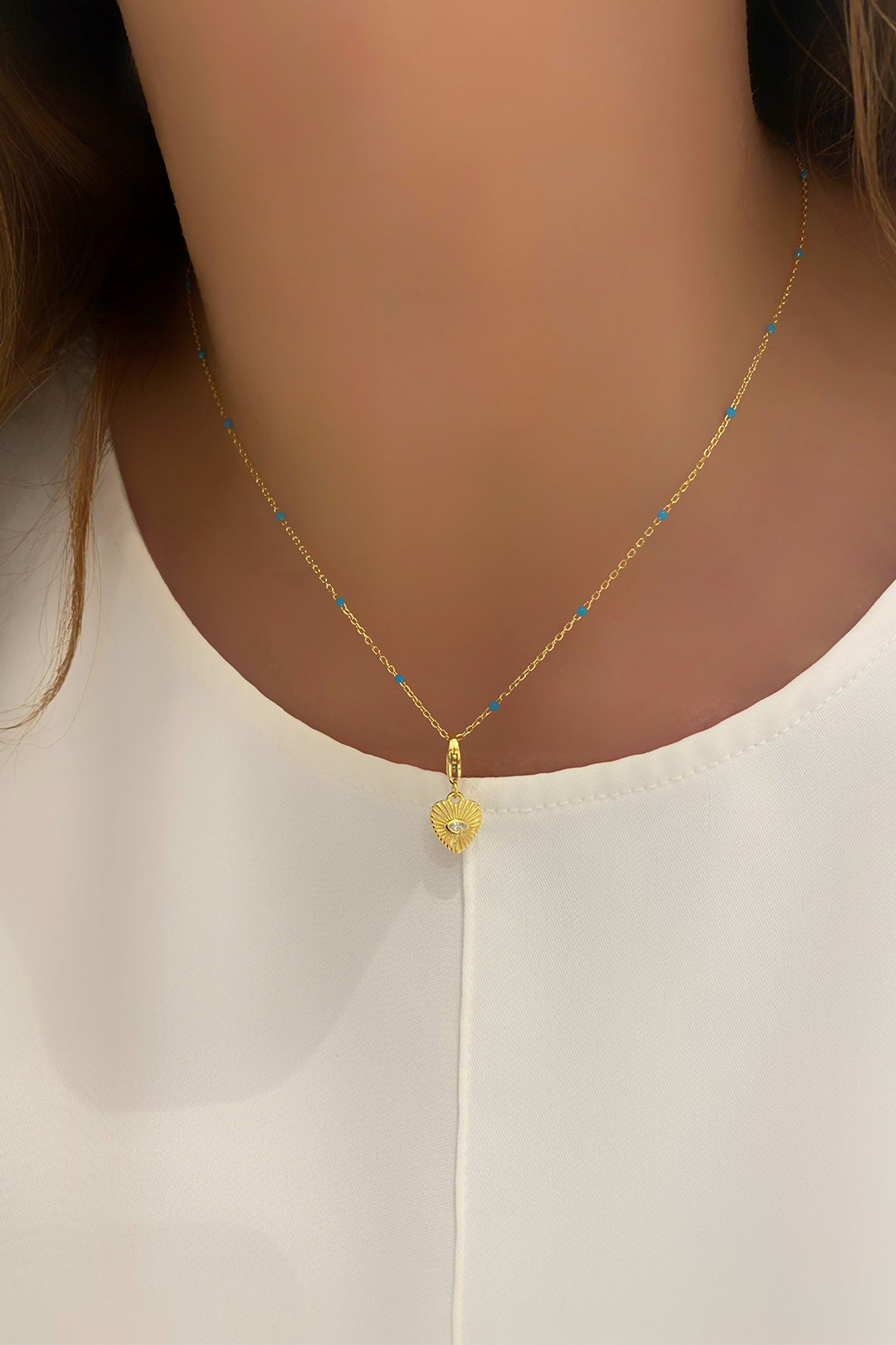 Turkuaz Mineli Kalp Detay Gümüş Kolye