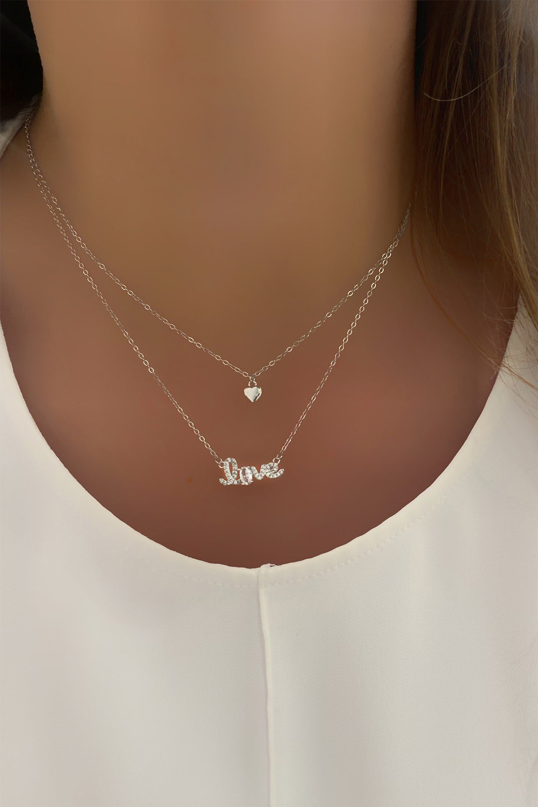 Love Ve Kalp İkili Gümüş Kolye