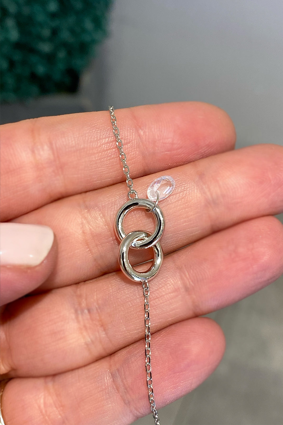 Oval Kristal Sallantılı İki Çember Gümüş Bileklik