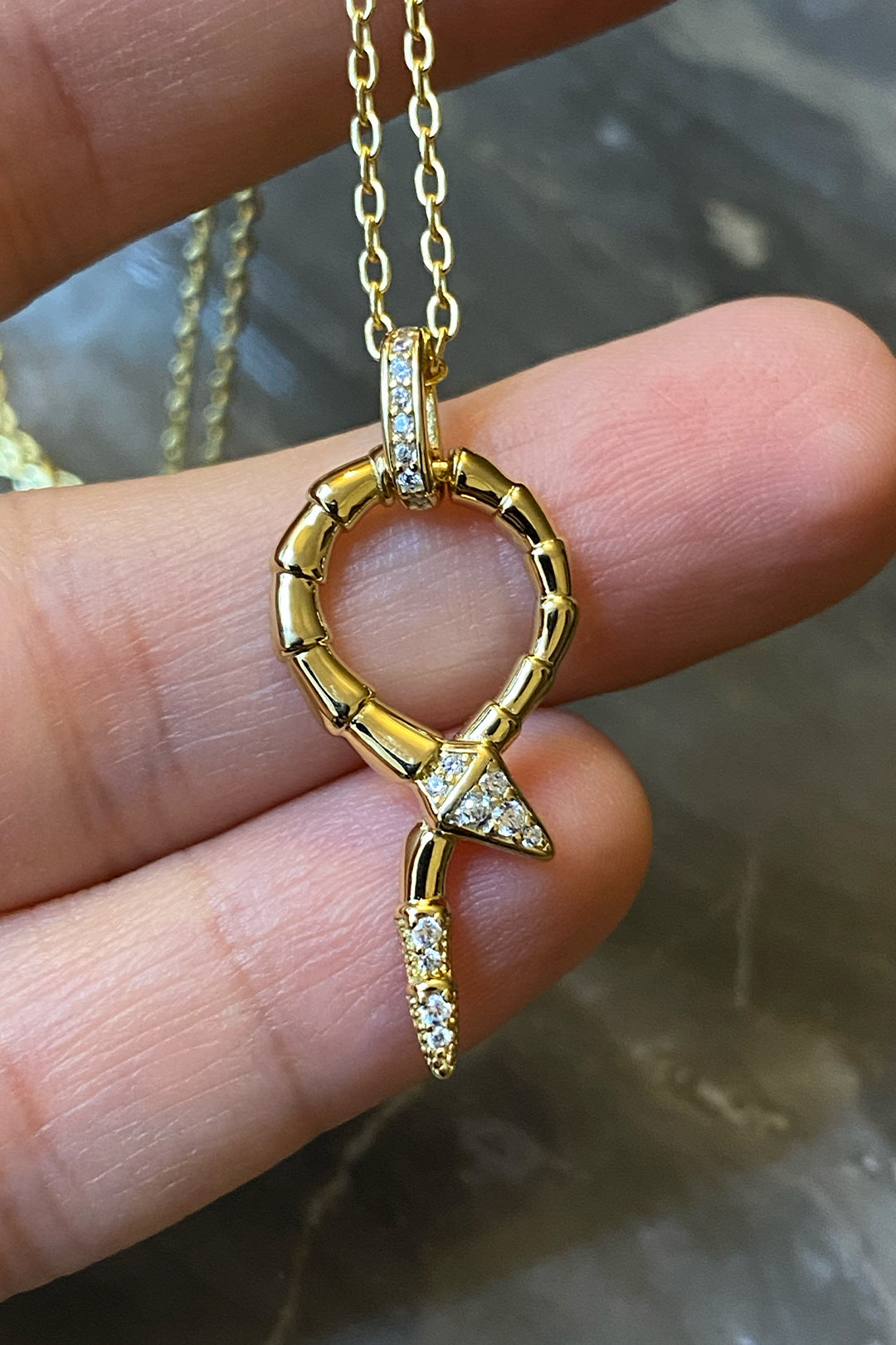 Uçları Taşlı Yılan Desen Gümüş Kolye