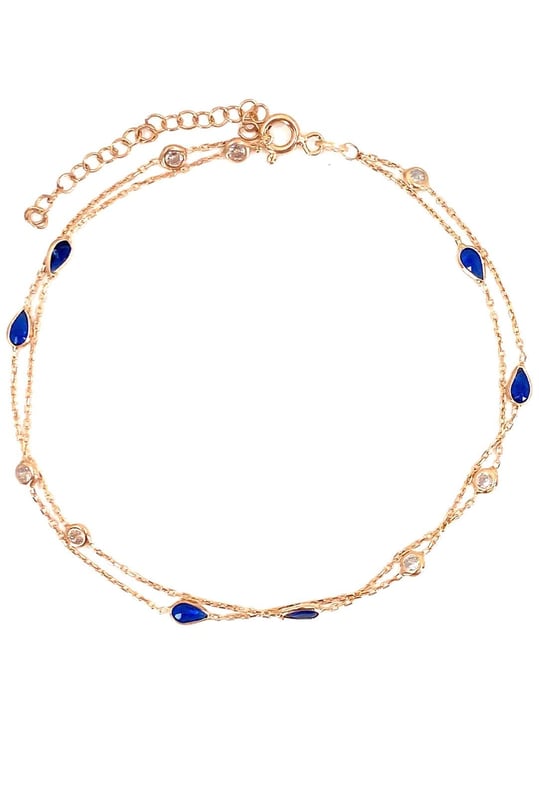 Lacivert Damla Ve Tohum İki Sıra Gümüş Halhal