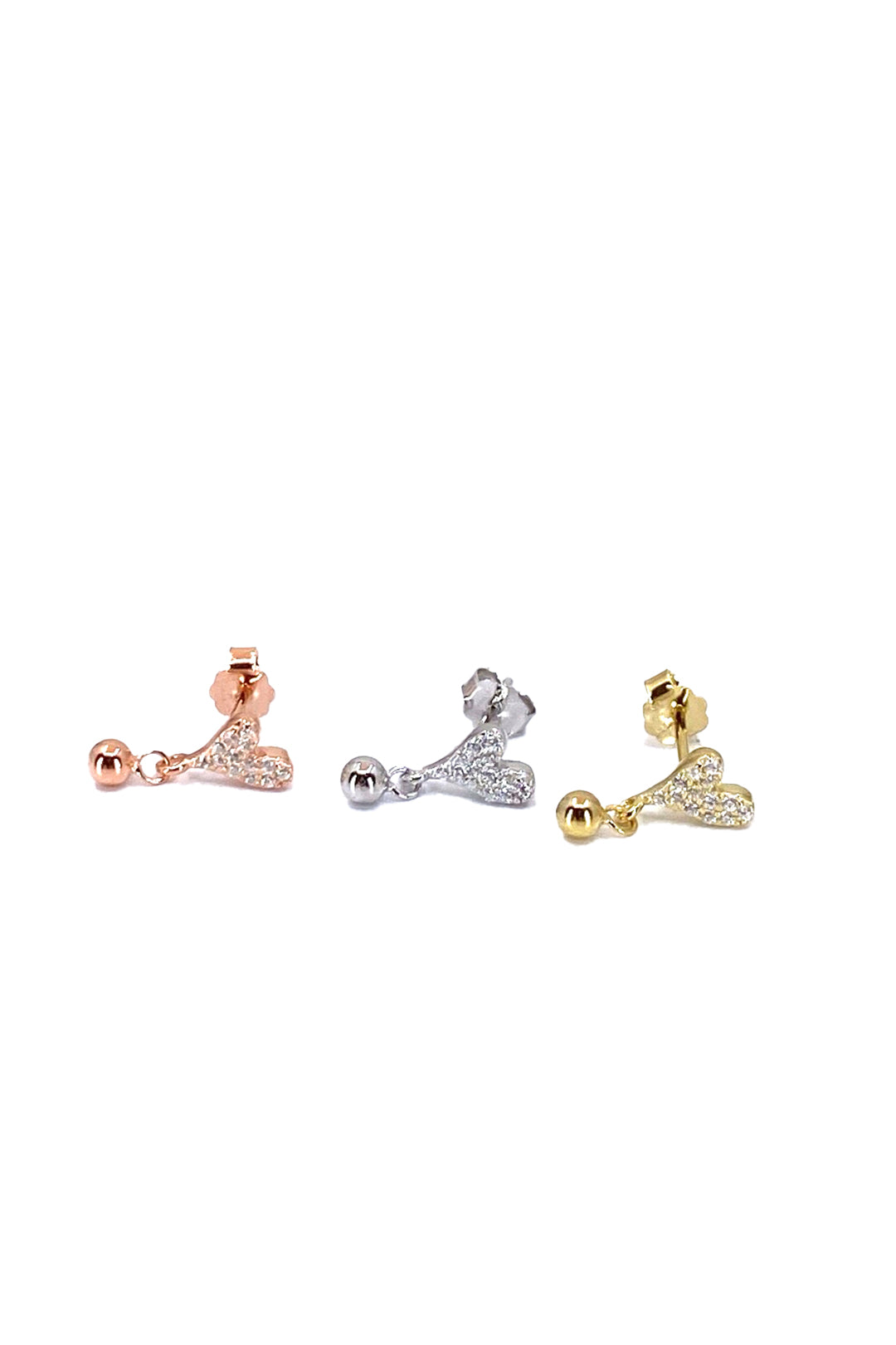 Top Sallantılı Taşlı Mini Kalp Gümüş Çivili Küpe