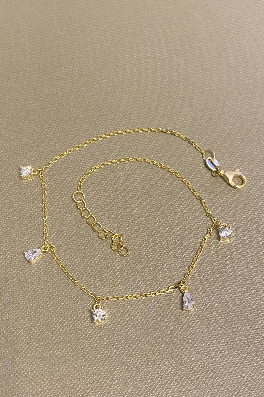 Yuvarlak Ve Damla Beş Taş Sallantılı Gümüş Halhal