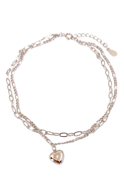 Oval ve Figaro Zincir İkili Bomby Kalp Gümüş Halhal