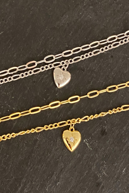 Oval ve Figaro Zincir İkili Bomby Kalp Gümüş Halhal