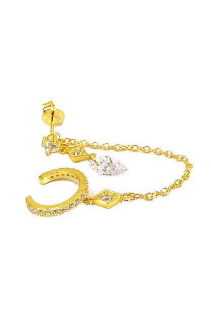Kristal Ve Karo Sallantılı Gümüş Zincir Kıkırdak Küpe