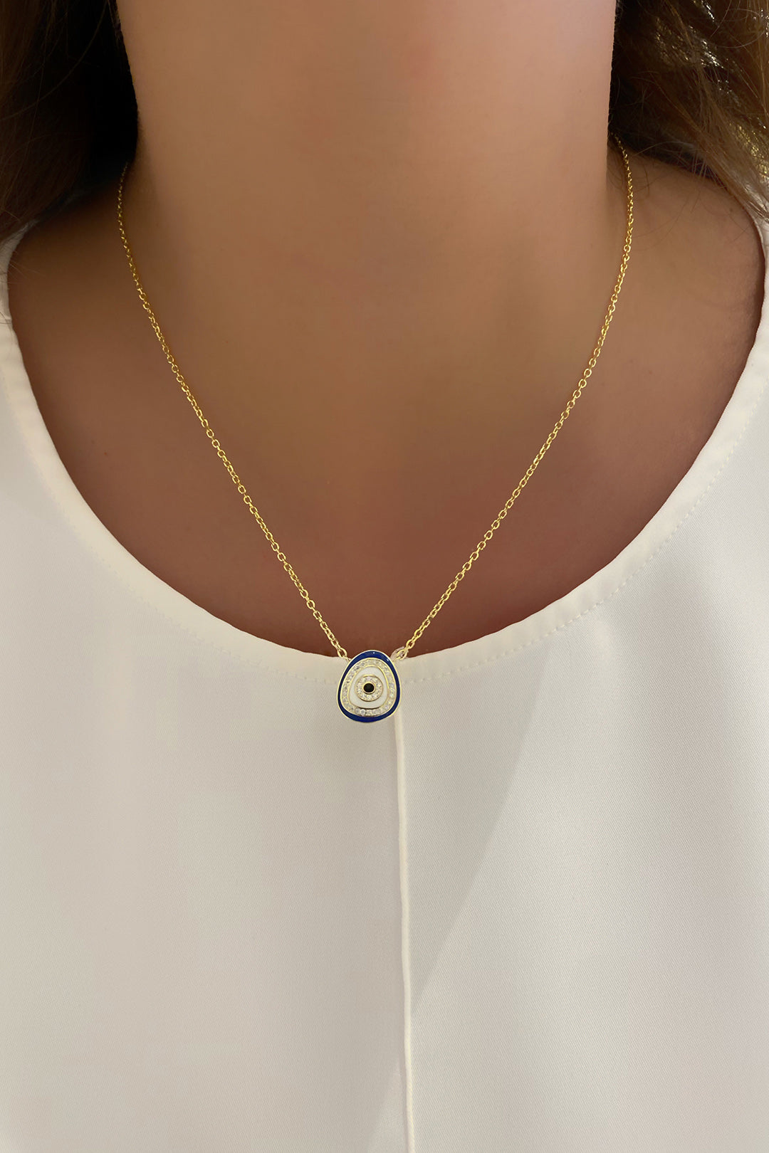 Lacivert Ve Beyaz Mineli Nazarlık Gümüş Kolye