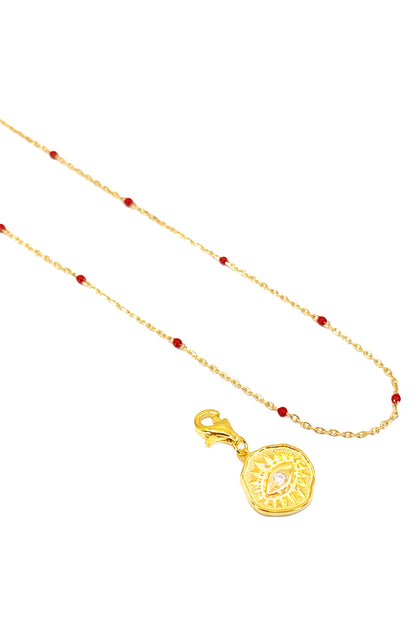 Kırmızı Mineli Göz Detay Gümüş Kolye