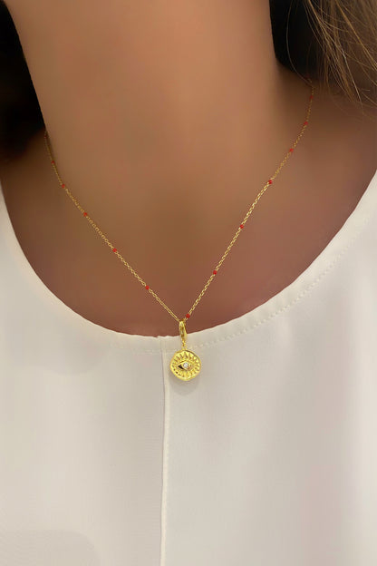 Kırmızı Mineli Göz Detay Gümüş Kolye