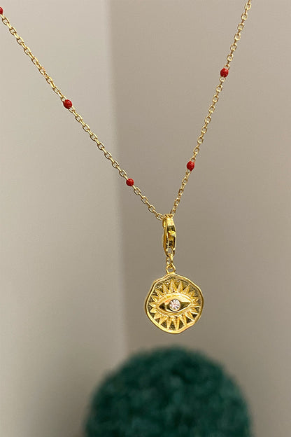 Kırmızı Mineli Göz Detay Gümüş Kolye