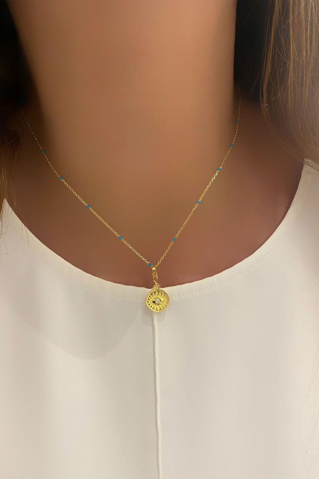 Turkuaz Mineli Göz Detay Gümüş Kolye