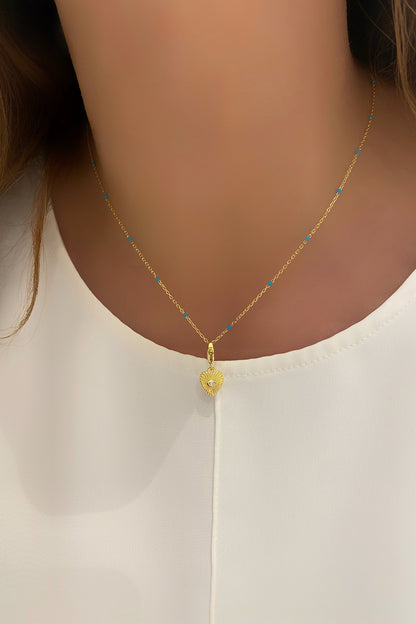 Turkuaz Mineli Kalp Detay Gümüş Kolye