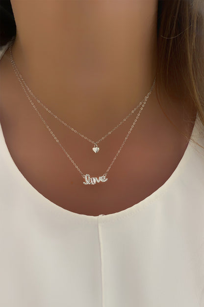 Love Ve Kalp İkili Gümüş Kolye
