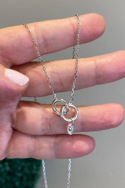 Oval Kristal Sallantılı İki Çember Gümüş Kolye