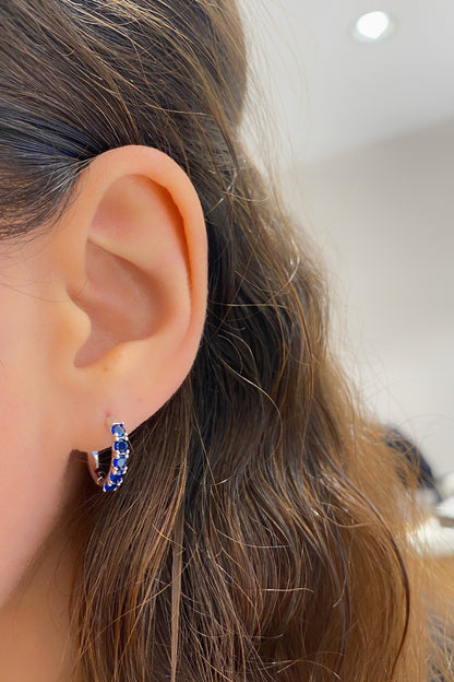 Lacivert Beş Taş Gümüş Halka Küpe