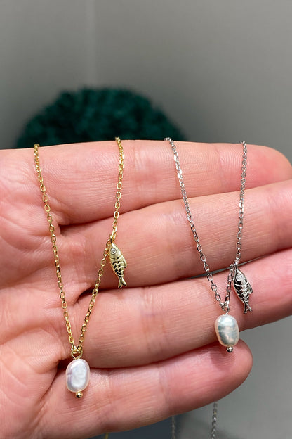 Balık Ve İnci Gümüş Kolye