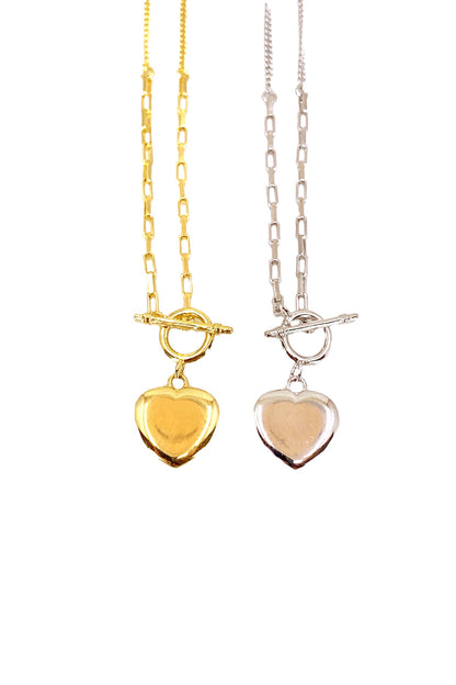 Taşsız T Kilit Kalp Gümüş Kolye