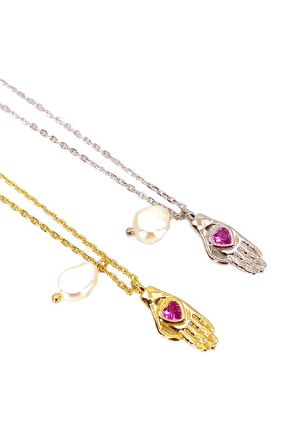 Ruby Kalp El Ve İnci Gümüş Kolye