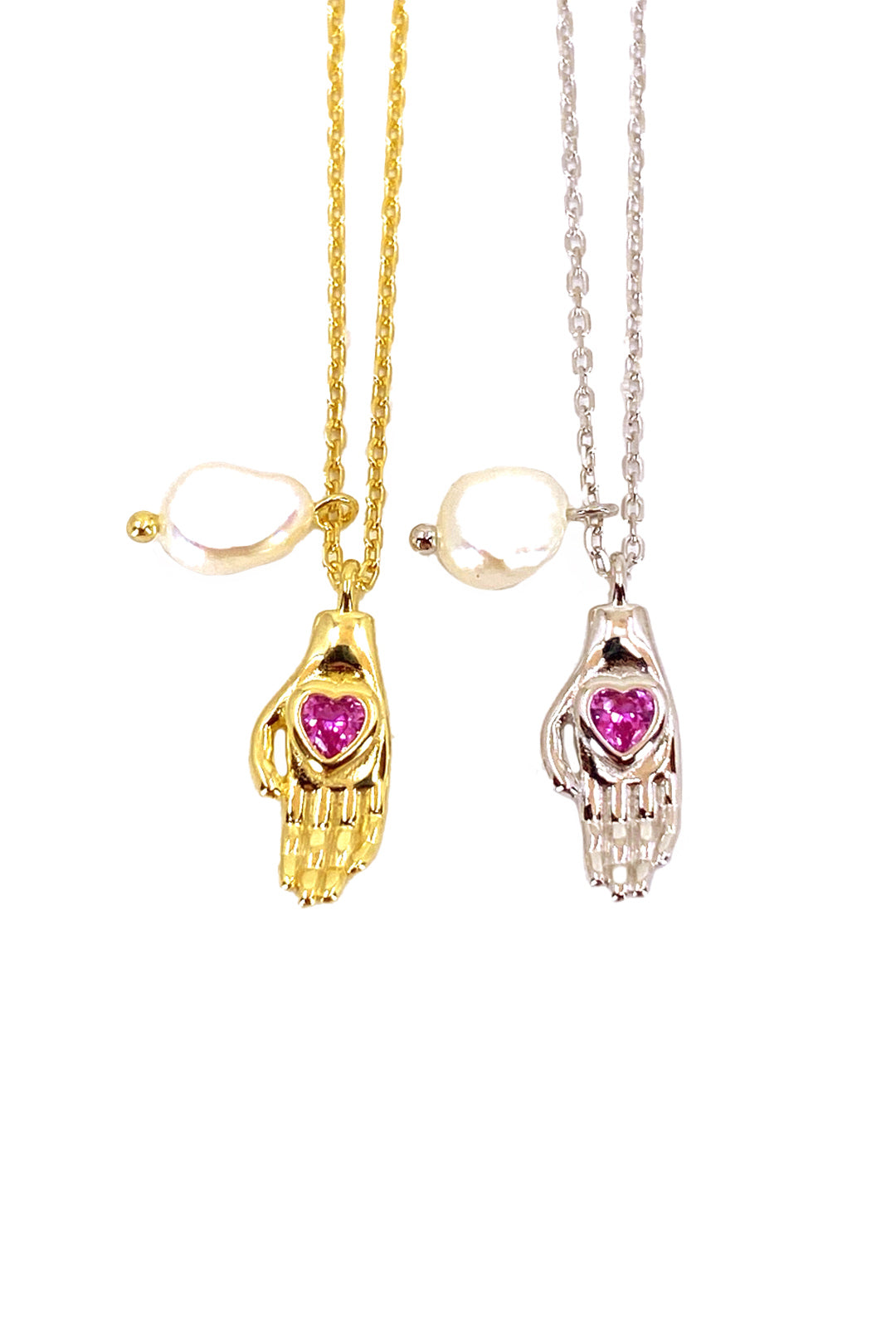 Ruby Kalp El Ve İnci Gümüş Kolye