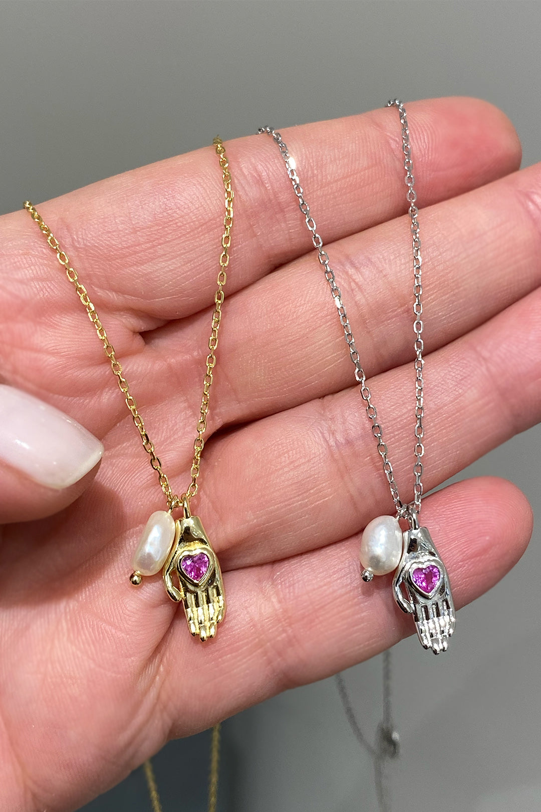 Ruby Kalp El Ve İnci Gümüş Kolye