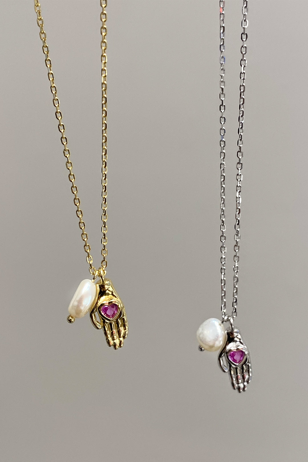 Ruby Kalp El Ve İnci Gümüş Kolye