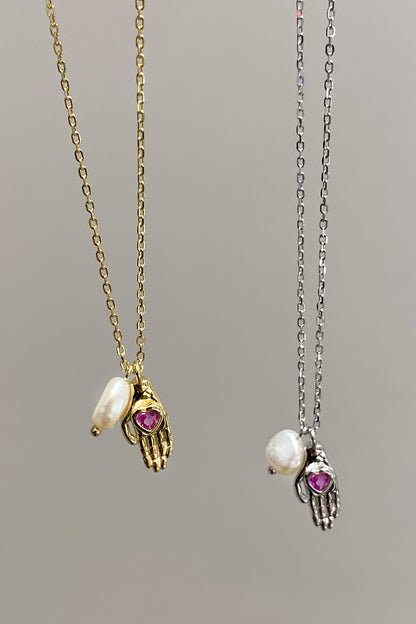 Ruby Kalp El Ve İnci Gümüş Kolye