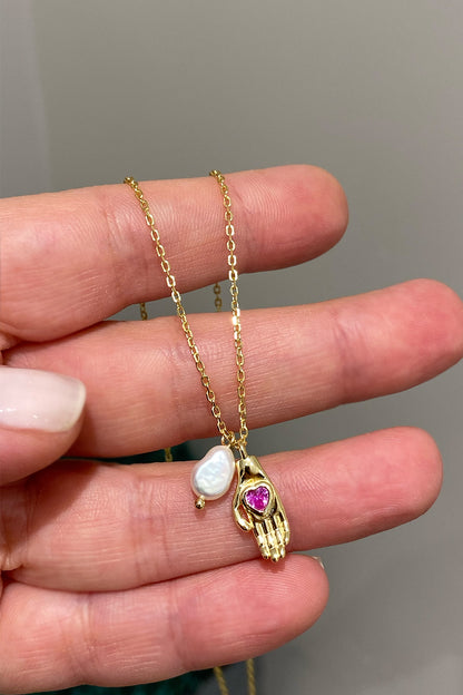 Ruby Kalp El Ve İnci Gümüş Kolye