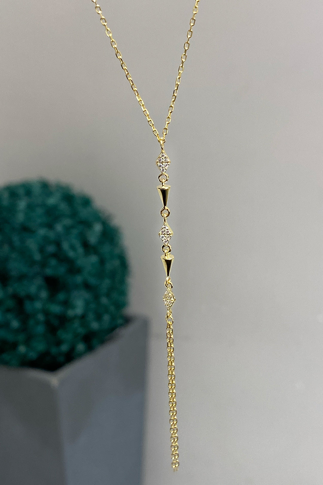 Taşlı Karo Kurşun Gümüş Y Kolye