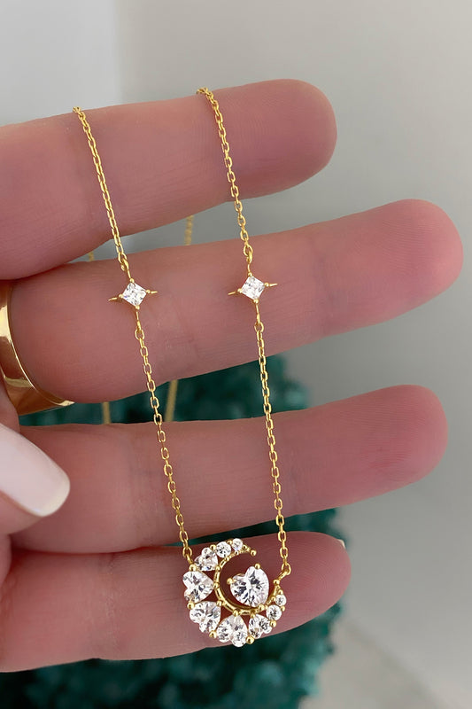 Taşlı Kalp Ve Ay Desen Gümüş Kolye