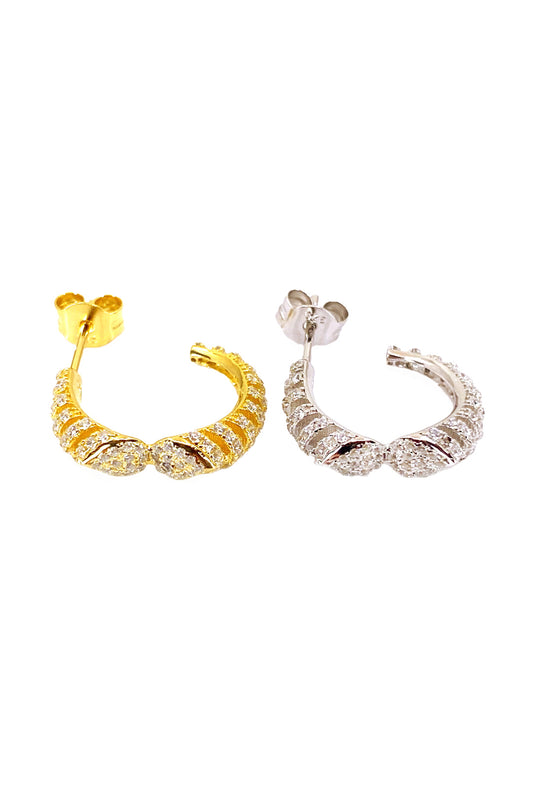 Balık Sırtı Taşlı İki Damla Gümüş Açık Halka Küpe