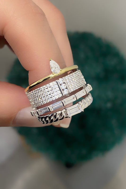 Vip Zincir Baget Taş Ve Damla Gümüş Yüzük